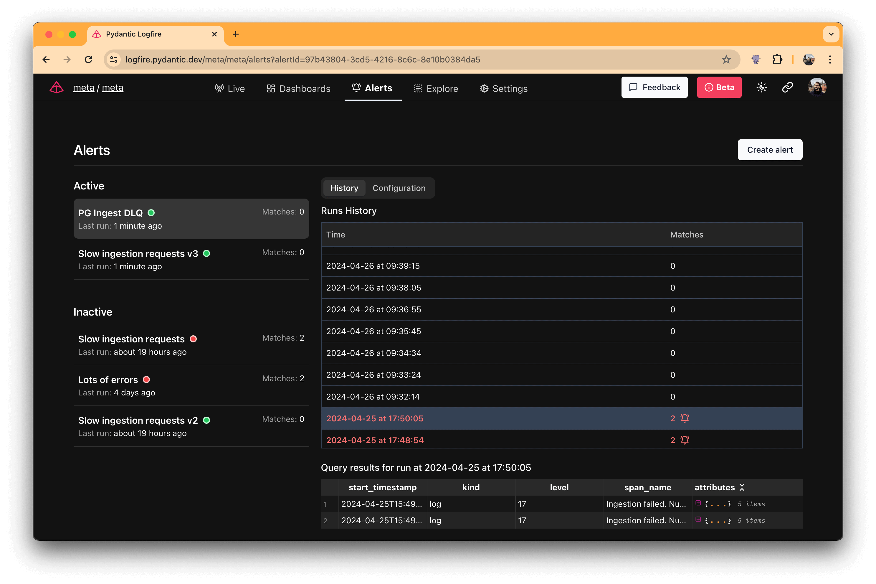 Logfire alerts screen